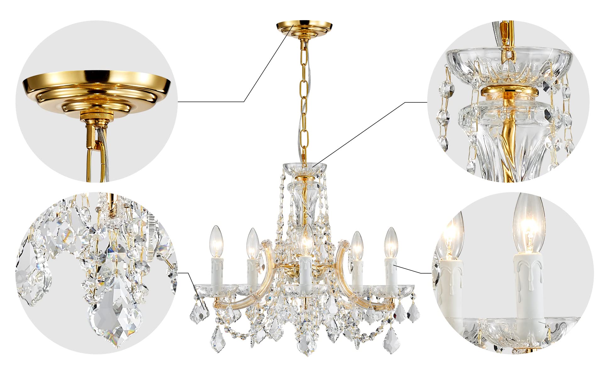 LIGHTING CH001G Modern K9 Crystal Chandelier, Maria Theresa Style Light Fixture, 5-Lights, D20 x H18, Adjustable Chain 59", Shinny Gold Finish Frame