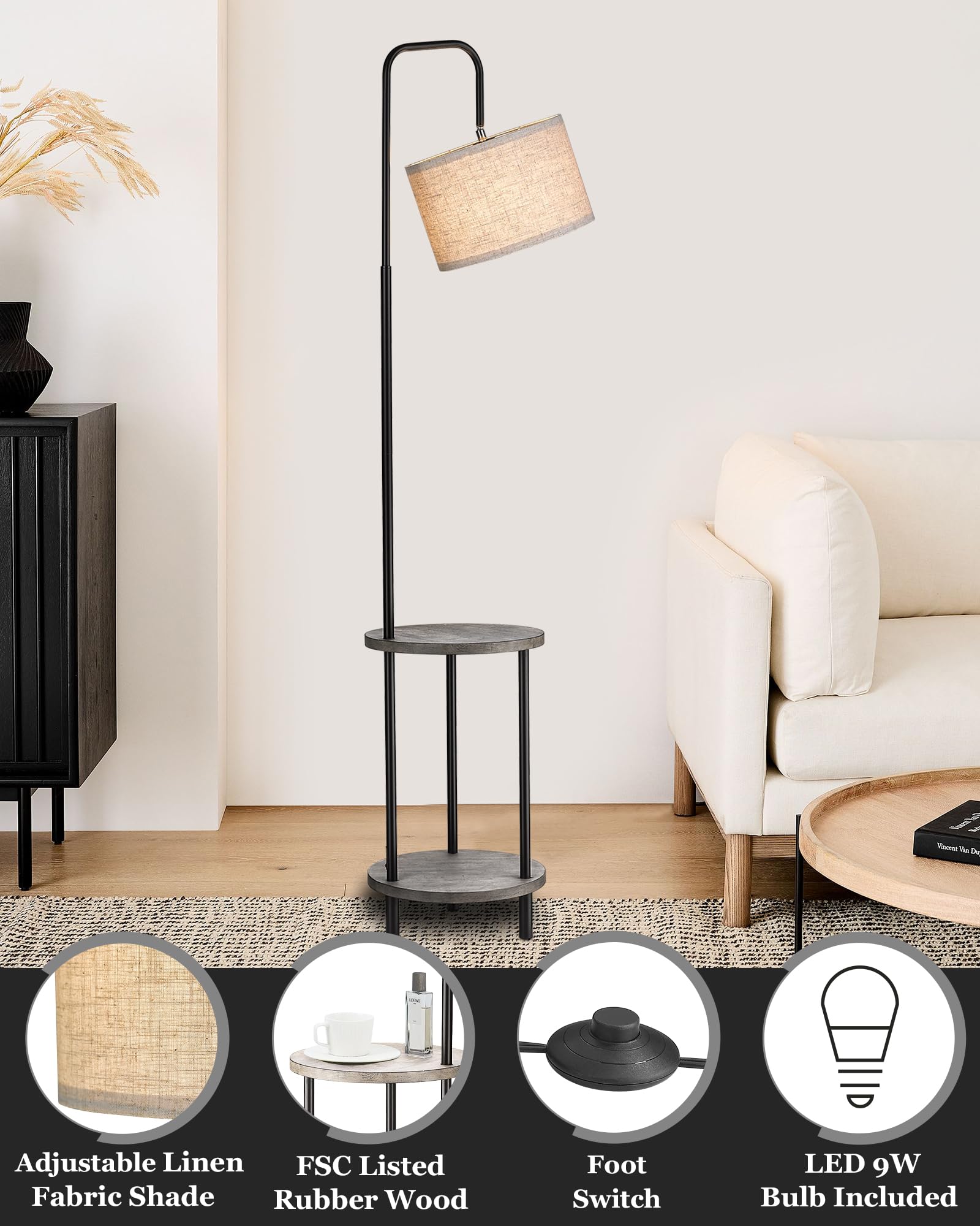 Modern Floor Lamp with End Table, Rubber Wood Bedside Table Lamp with Adjustable Drum Shade, Rustic Tall Pole Shelf Reading Standing Light for Farmhouse Bedroom, Living Room, Office - Walnut