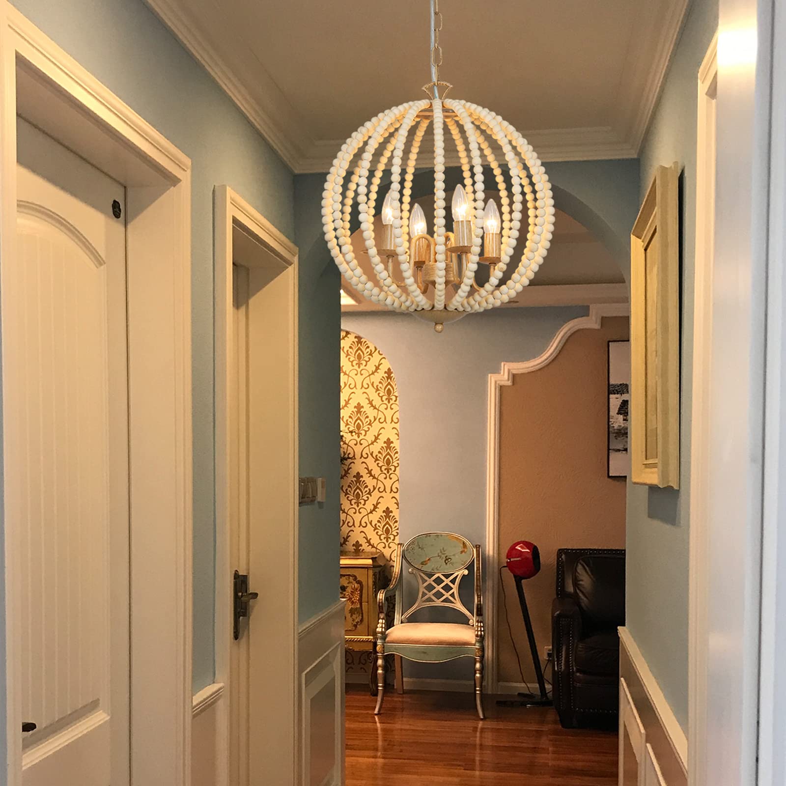 Farmhouse Wood Beaded Chandelier, Boho 4-Lights 16.5" Wood Candle Style Chandelier Light Fixture, Rustic Modern White Wood Bead Chandelier for Dining Room Kitchen Island Hallway Bedroom, E12