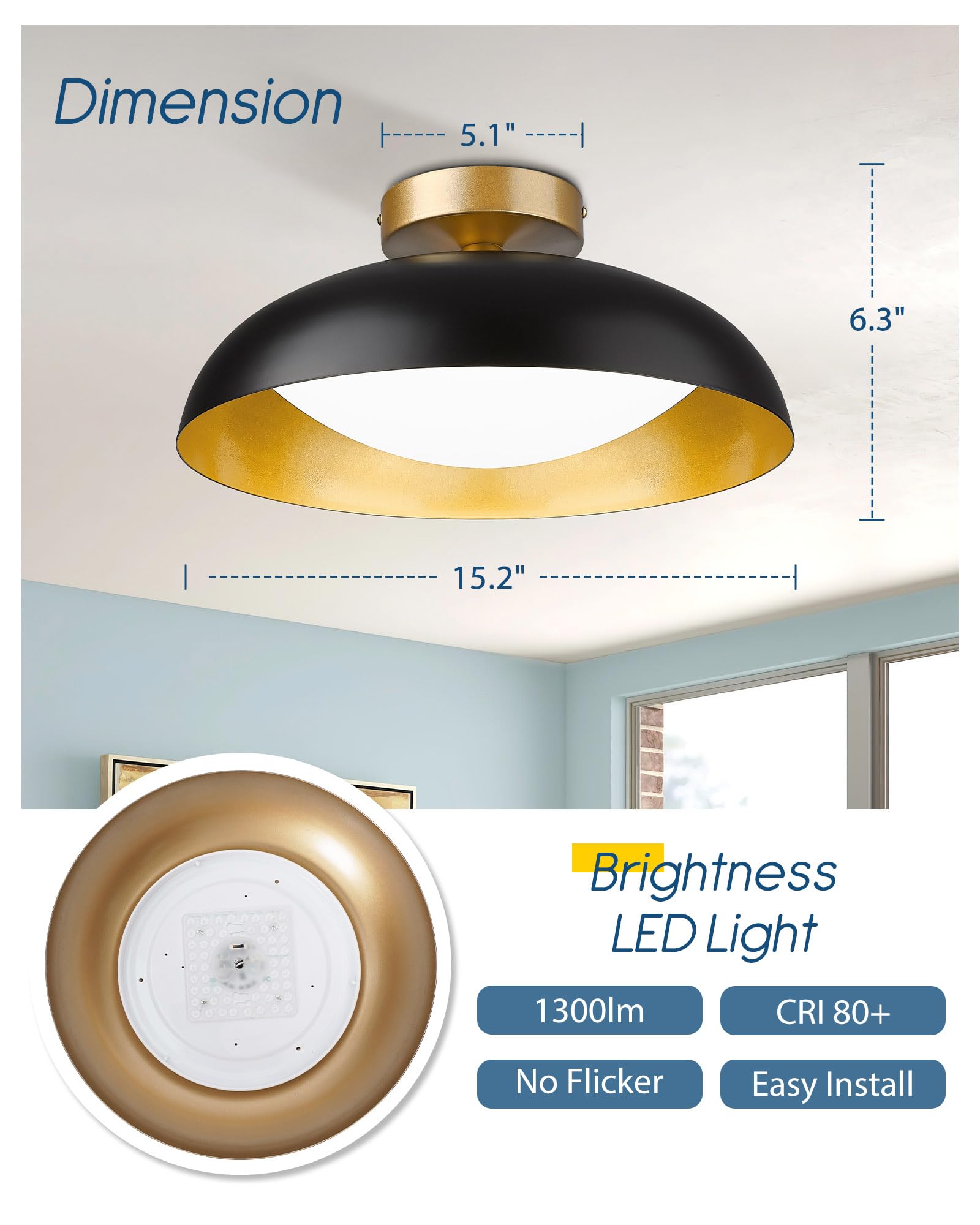 Gold Ceiling Light, 12 Inch LED Semi Flush Mount Ceiling Light Fixture, 12W/700Lm Ceiling Lights for Kitchen, Bathroom, Hallway, 3000K/4000K/6000K Adjustable, KDCL01-GD