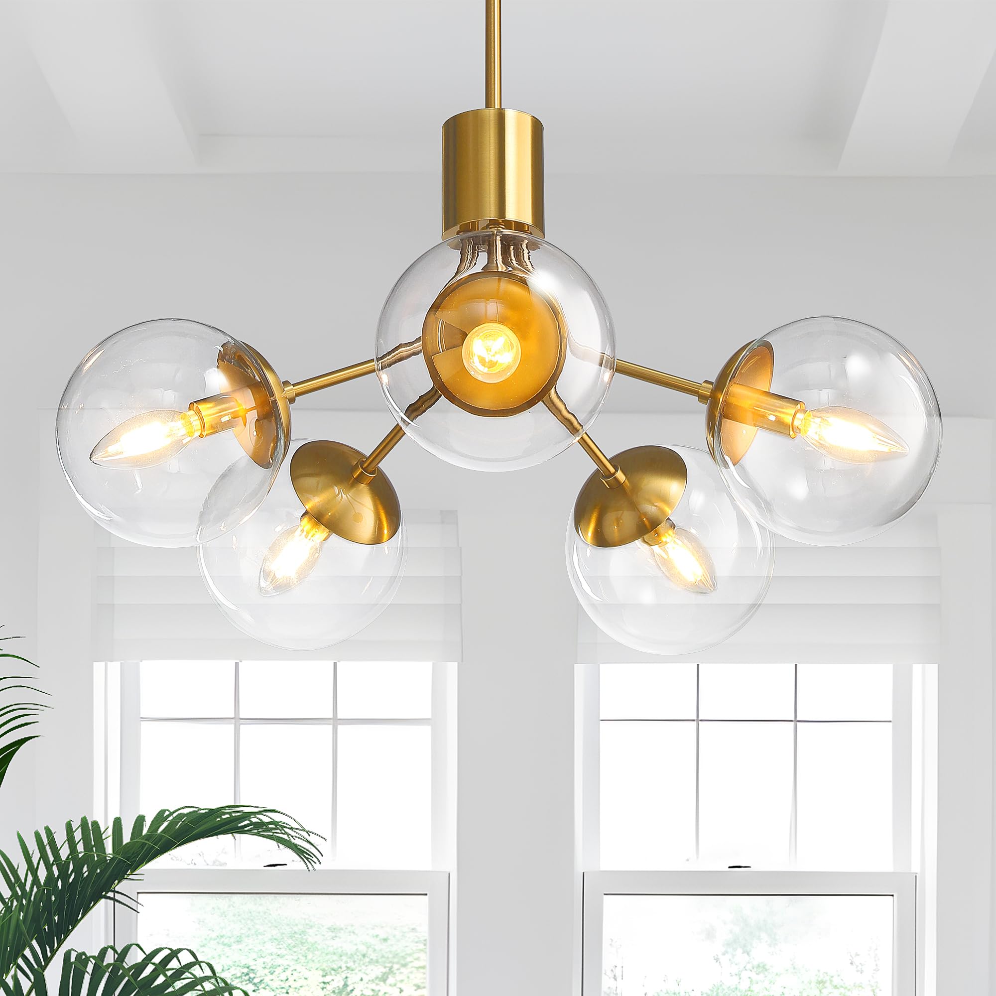 5-Light Modern Chandelier,Gold Globe Chandelier Pendant Light with Thick Clear Glass Shade for Flat/Slop Ceiling,Adjustable Hanging Chandelier for Dinning Room,Living Room,Bedroom