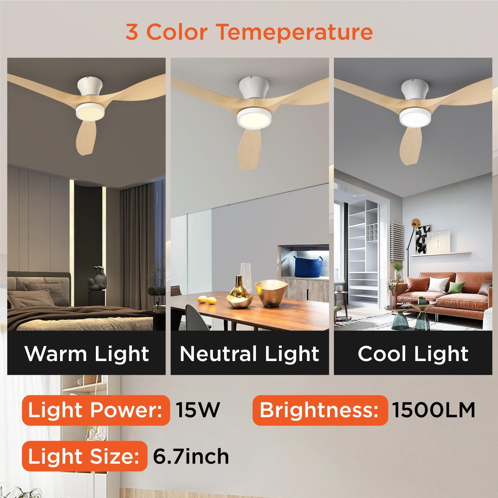 52 inch Ceiling Fans with Lights Remote Control, Modern Low Profile Ceiling Fan with Quiet Reversible DC Motor for Bedroom Living Room and Patio White