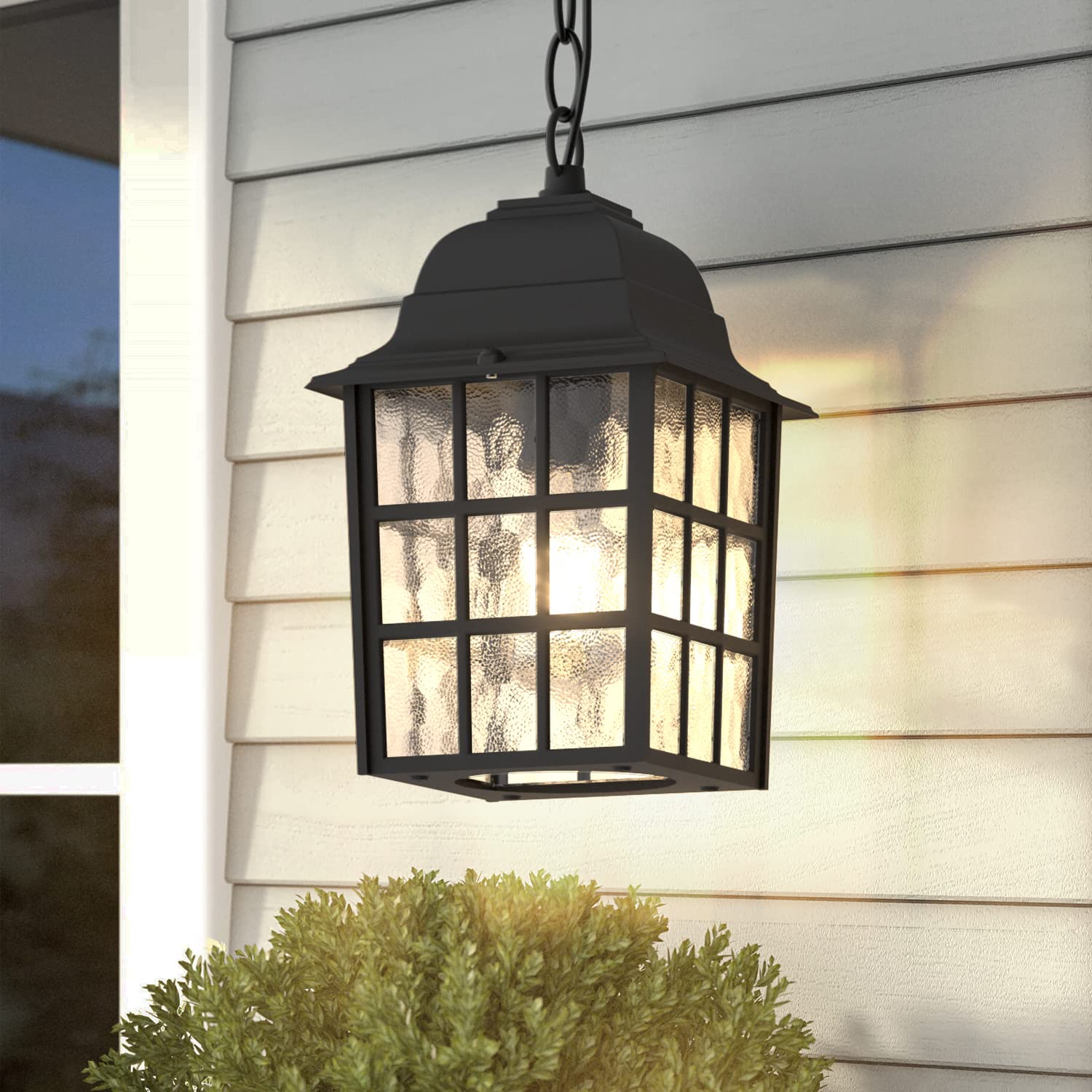 Outdoor Pendant Light, Exterior Ceiling Hanging Lantern Porch Light with Water Glass, Outdoor Hanging Lantern Light Black Exterior Pendant Lighting Fixture for Porch, Yard, Gazebo