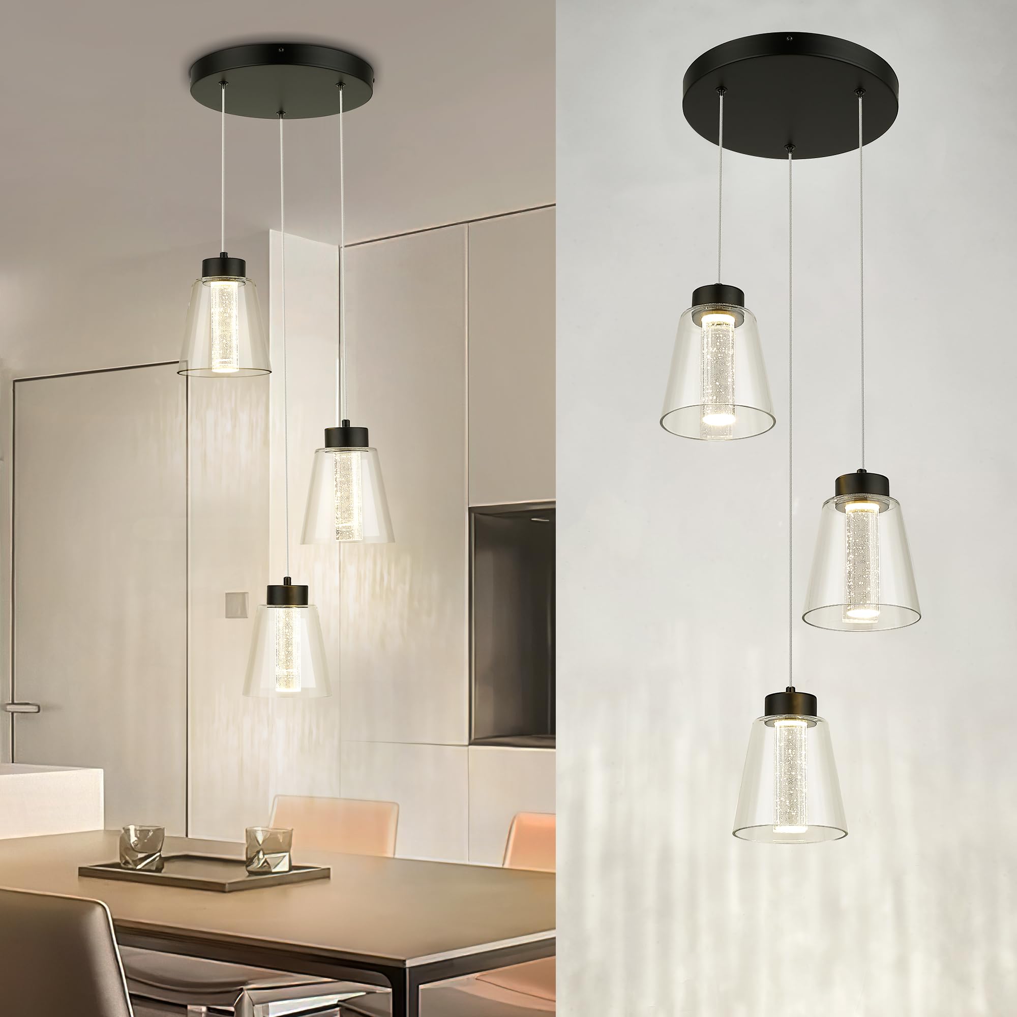 Black Pendant Light Fixtures, 3-Light Led Pendant Lights with Dual Glass Shade, Modern Cluster Hanging Lights for Kitchen Island, Bedroom, Dining Room, 3CCT Adjustable KDPL04-BK-3L