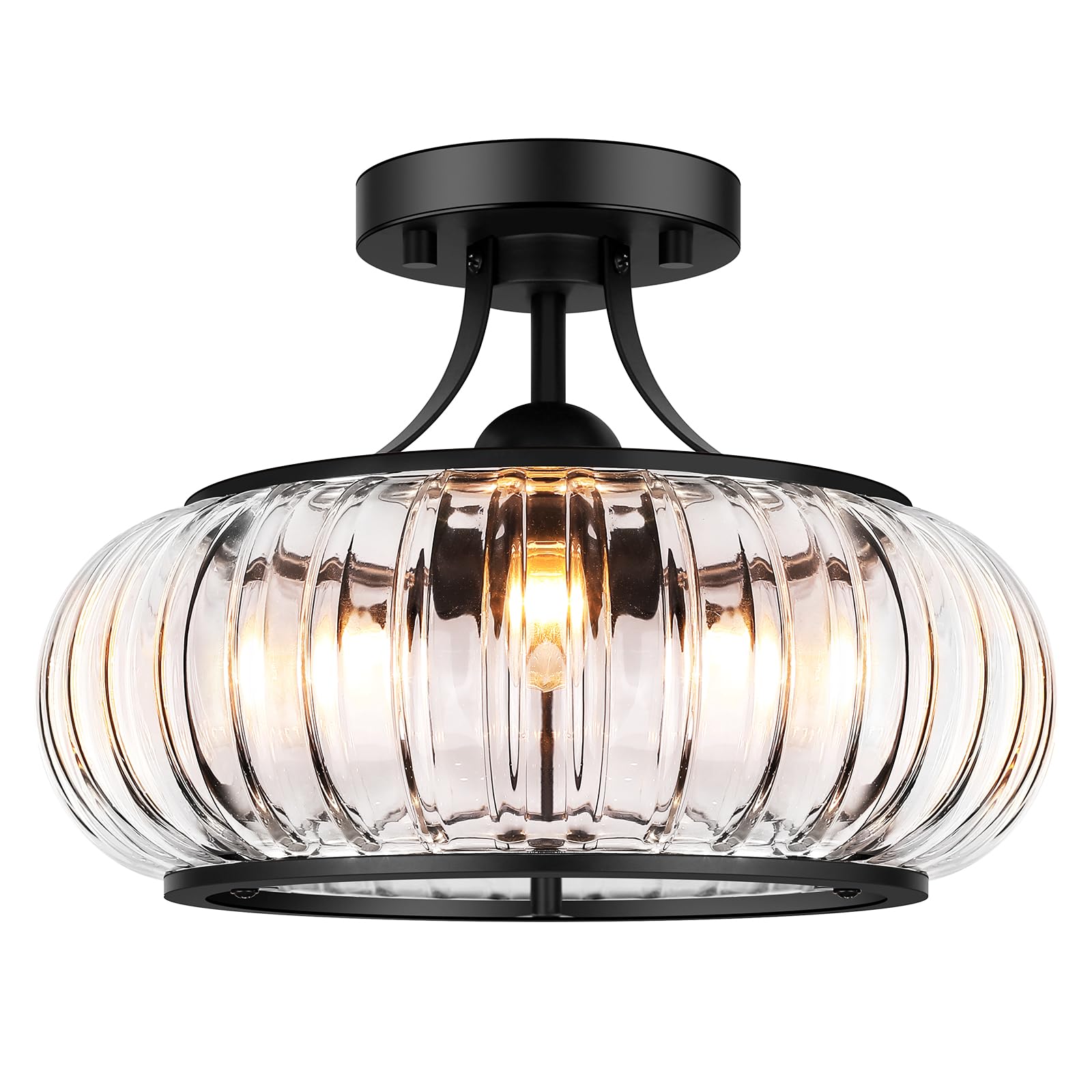 Modern 3-Light Semi Flush Mount Ceiling Light, Clear Glass Hallway Ceiling Light Fixture with Round Shade, Industrial Black Glass Close to Ceiling Lamp for Bathroom Kitchen Bedroom Porch