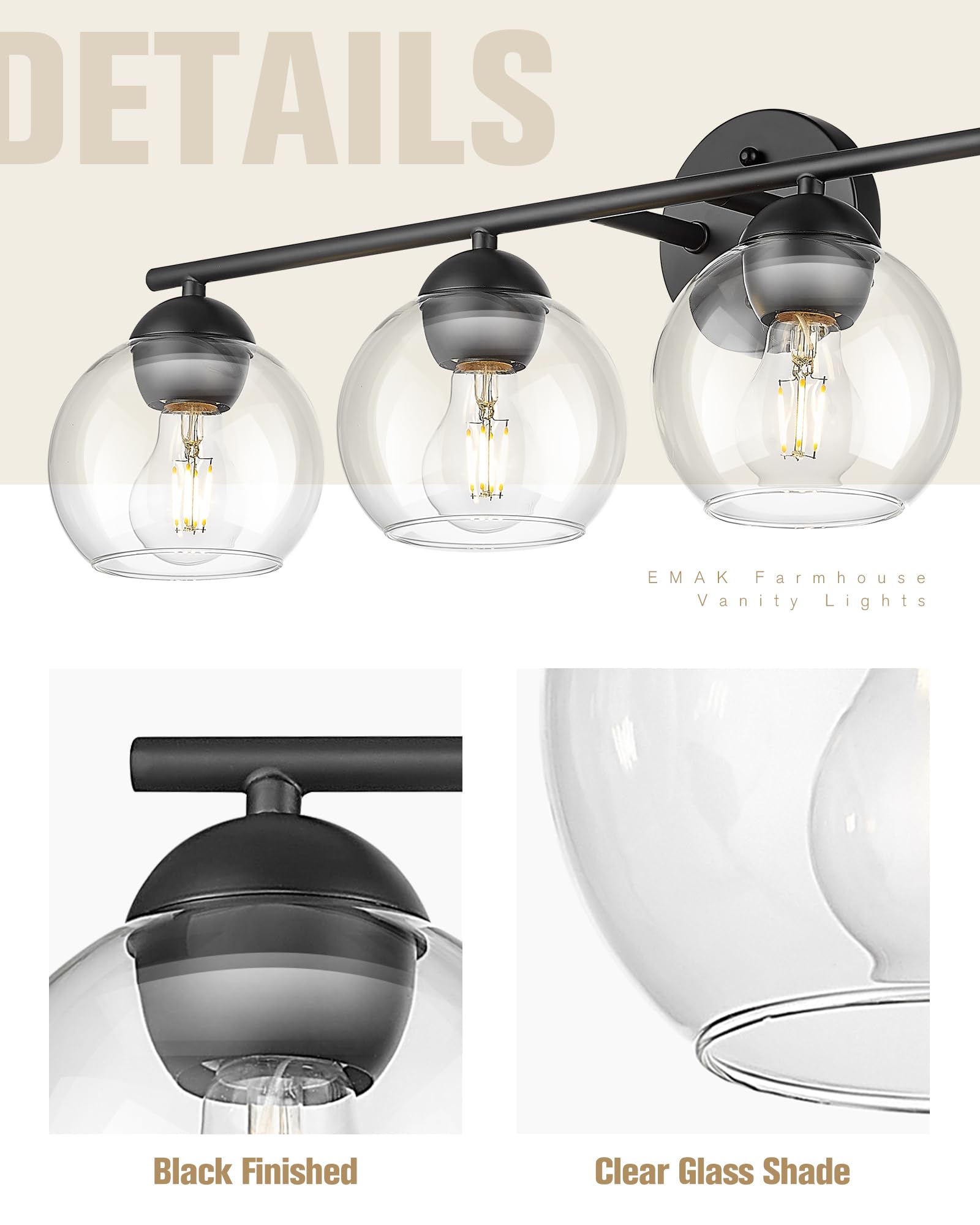 Black Vanity Lights for Mirror, Modern Farmhouse 2-Light Bathroom Light Fixtures Globe Bathroom Vanity Light with Milk Glass Shade, VL114-BK-ML-2