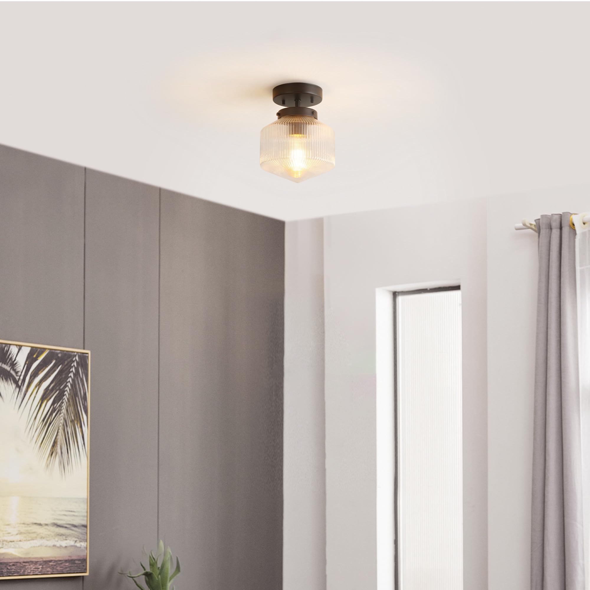 1-Light Semi-Flush Mount Ceiling Lighting, Matte Brass, Clear Glass Shade, Bulb Not Included