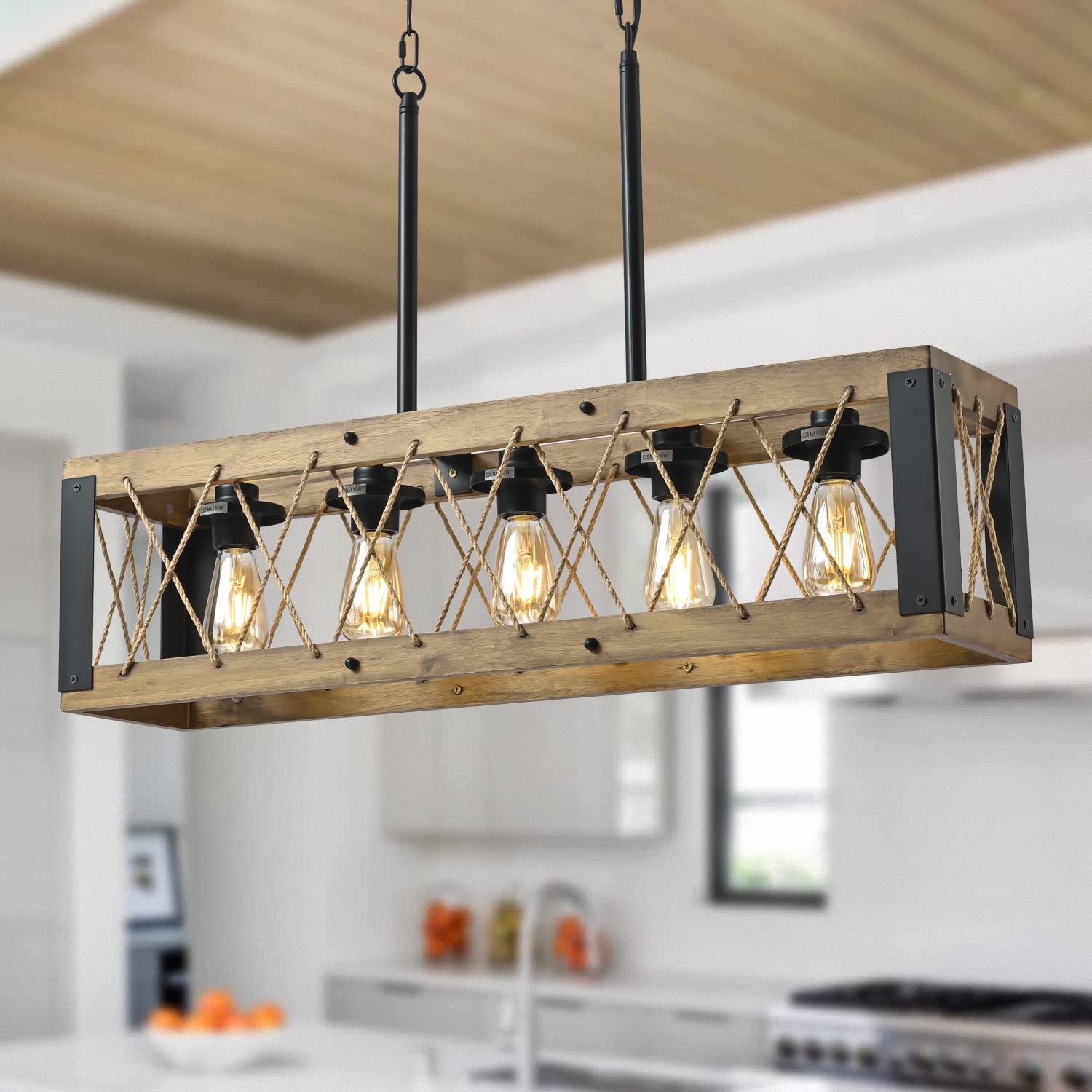 5-Light Wood Chandelier, Wooden & Black Metal Finish Hemp-Rope Pendant Light, Adjustable Fixtures Vintage Pendant for Kitchen Island, Dining Room (Bulbs not Included)