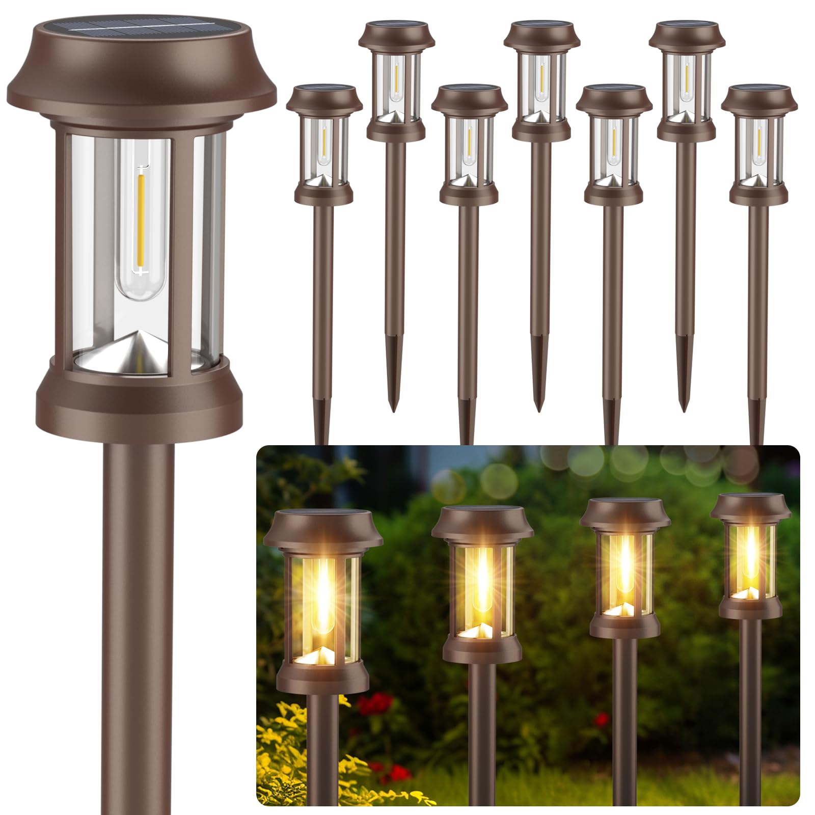 Solar Pathway Lights Outdoor, 8 Pack Solar Lights Outdoor, Glass & Metal Solar Powered Outdoor Lights Maintain 10 Hours of Lighting for Outside Garden Yard Driveway Path Landscape Decor (Black)