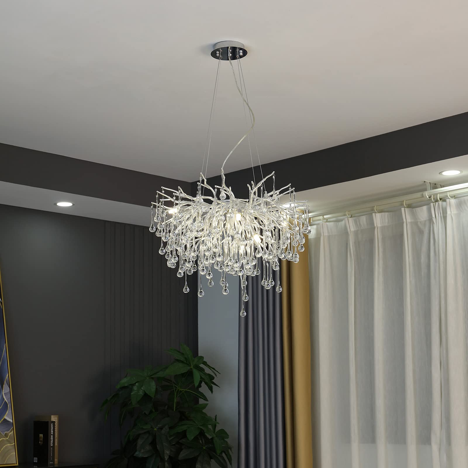 Black Crystal Chandelier, Modern Ceiling Pendant Flower Hanging Lighting Frosted Tree Branch Raindrop Chandelier Light Fixture for Dining Room, Living Room, Bedroom, Entryway (Dia 24" Round)