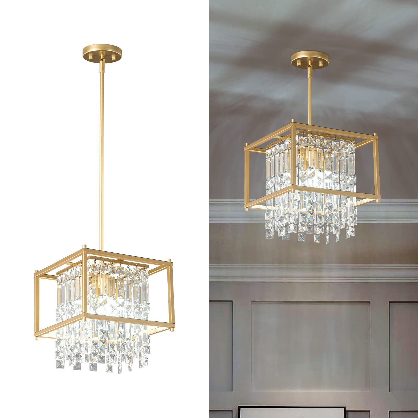 4-Light Dining Room Light Fixture 11.81 inch Square Lndustrial Farmhouse Chandelier Gold Metal Crystal Pendant Light for Kitchen Island Dining Room Living Room Flat and Inclined Ceiling