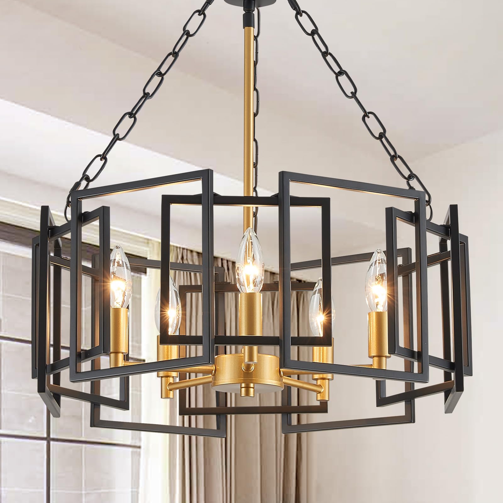 Gold Chandelier 5-Light Modern Kitchen Island Lighting Fixtures, Farmhouse Pendant Light 20 inches Retro Height Adjustable Ceiling Light for Dining Room, Bedroom, Living Room,Foyer