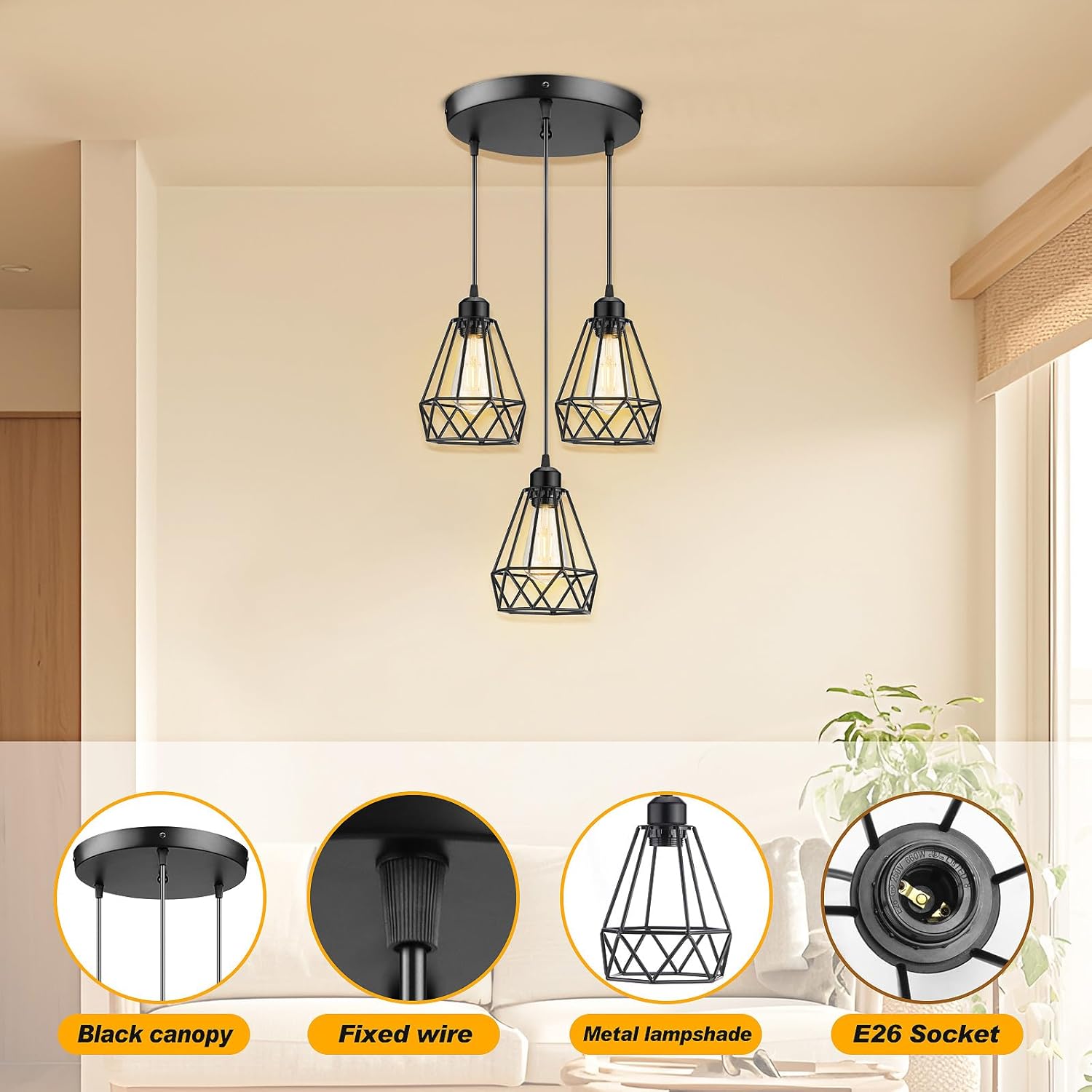 Industrial 3-Light Pendant Light Fixtures, Adjustable Farmhouse Hanging Pendant Lighting for Kitchen Island, E26 Base, Black Metal Cage Pendant Ceiling Lamp for Dining Room Kitchen