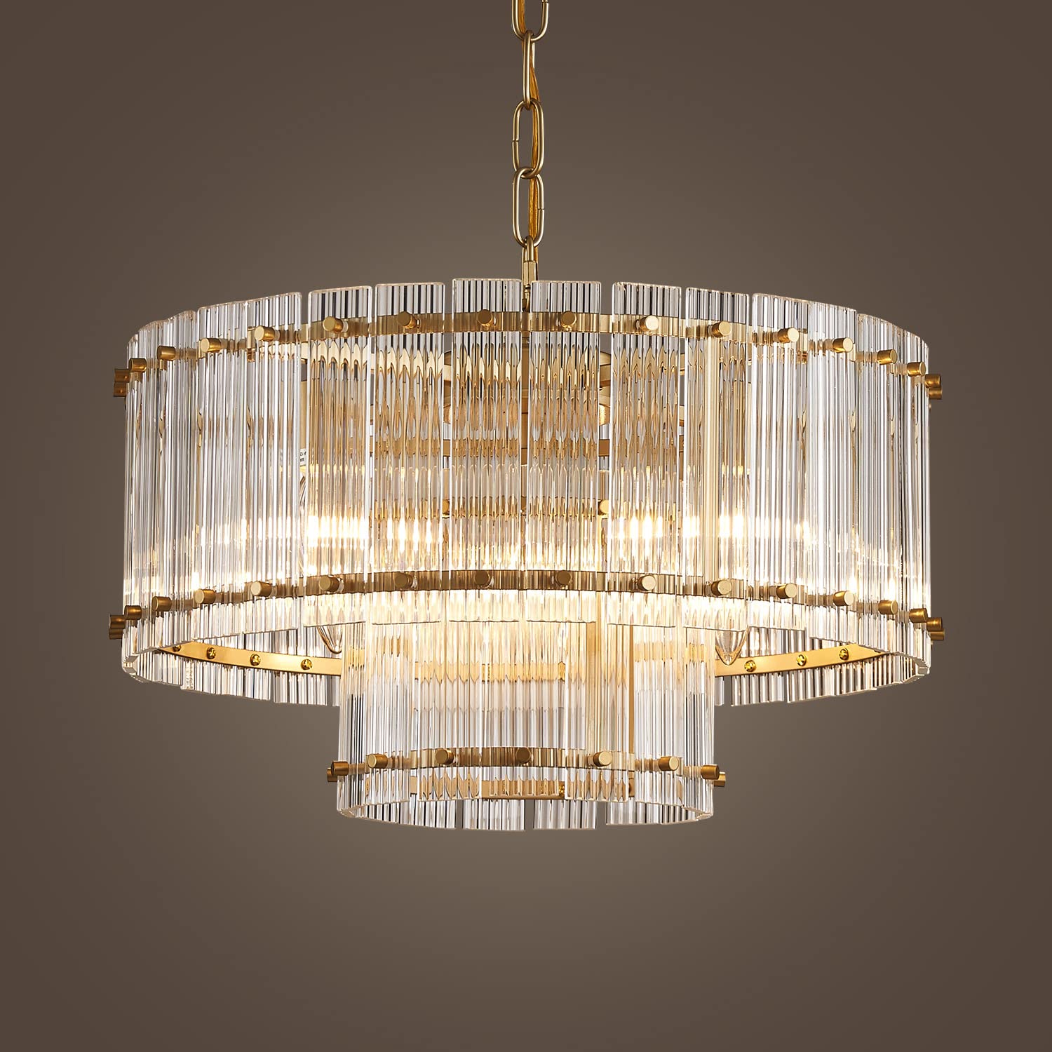 Saint Mossi 21032 Drum Chandelier Light Fixture, Doule Layer Middle Century Modern Design, with 5-Light, D18 x H10, Adjustable 59" Chains, Ripple Glass Shade & Gold Finish Metal Frame