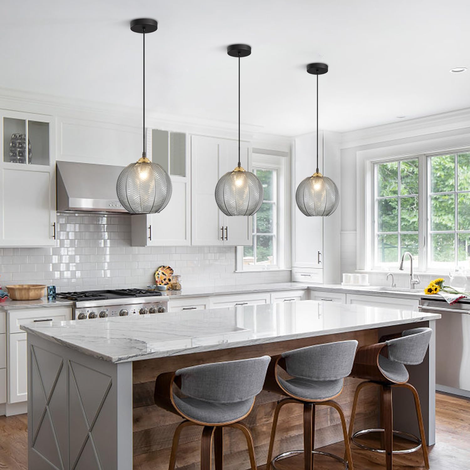 KCO Lighting 3-Lights Smoke Gray Glass Pendant Light Black Globe Round Cluster Chandelier Mid-Century Modern Multi Light Pendant Lighting Nordic Kitchen Island Light Fixture