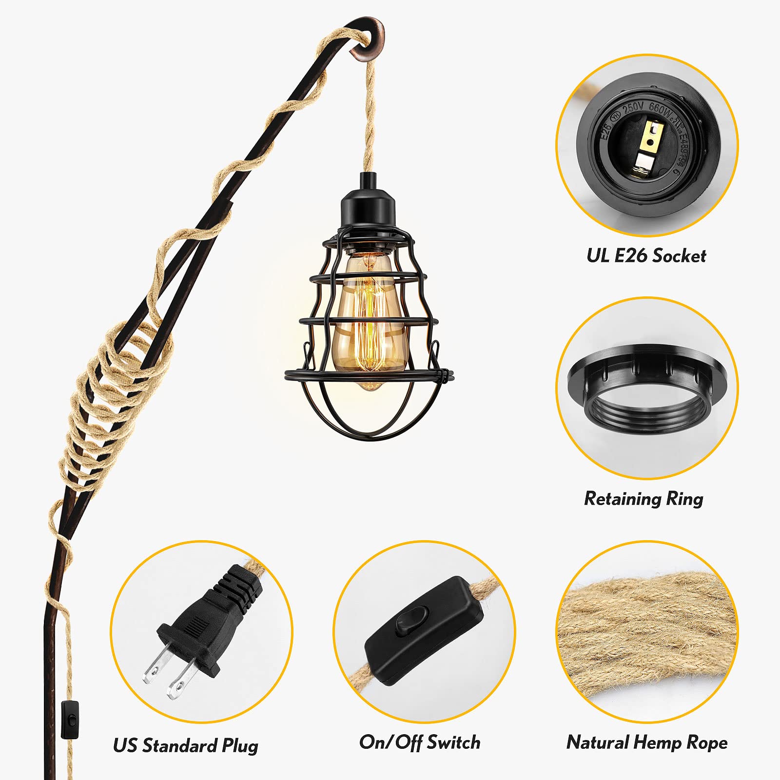 Plug in Pendant Light Cord, Farmhouse Hanging Lights with Plug in Cord, 15FT Hemp Rope Plug in Hanging Light Cord Kit with On/Off Switch, E26 E27 Light Socket Cord for Hanging Light