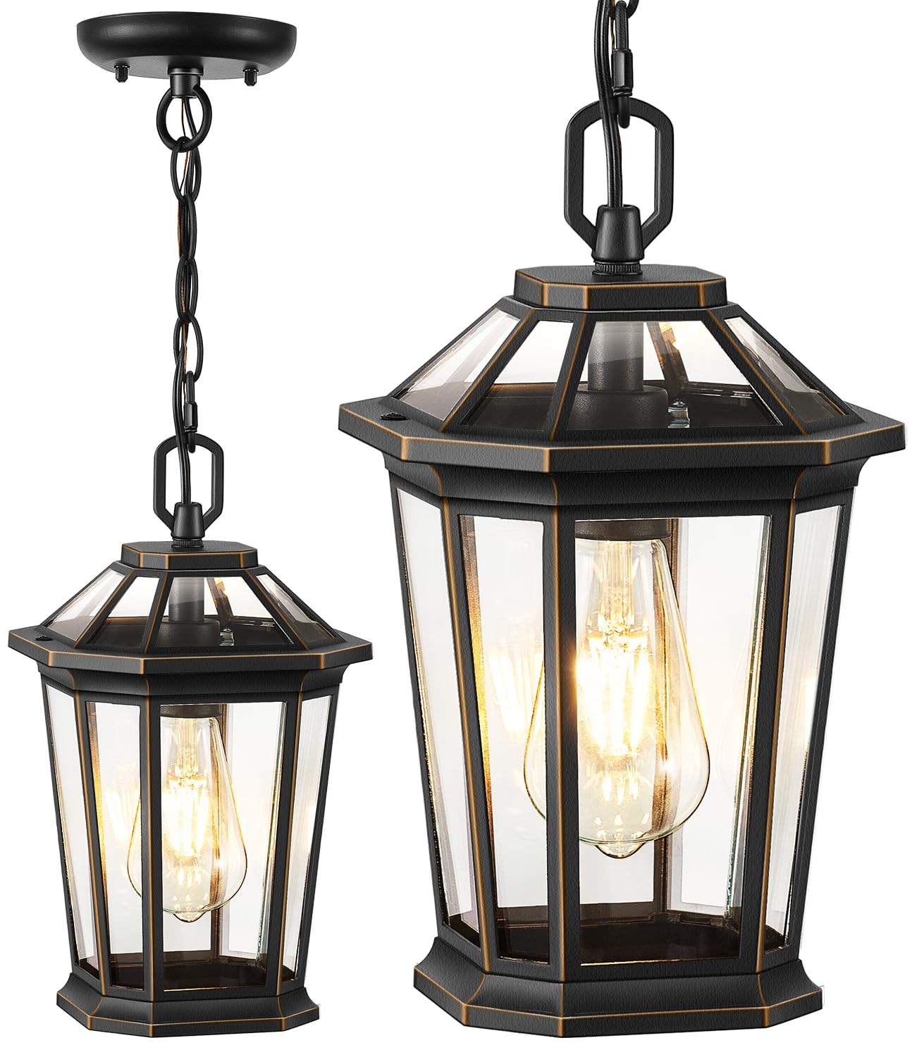 Outdoor Pendant Light Fixtures for Front Porch, Exterior Ceiling Hanging Lanterns, Anti-Rust Waterproof Farmhouse Outdoor Chandelier, Black Gold Aluminum with Tempered Water Glass for Entryway