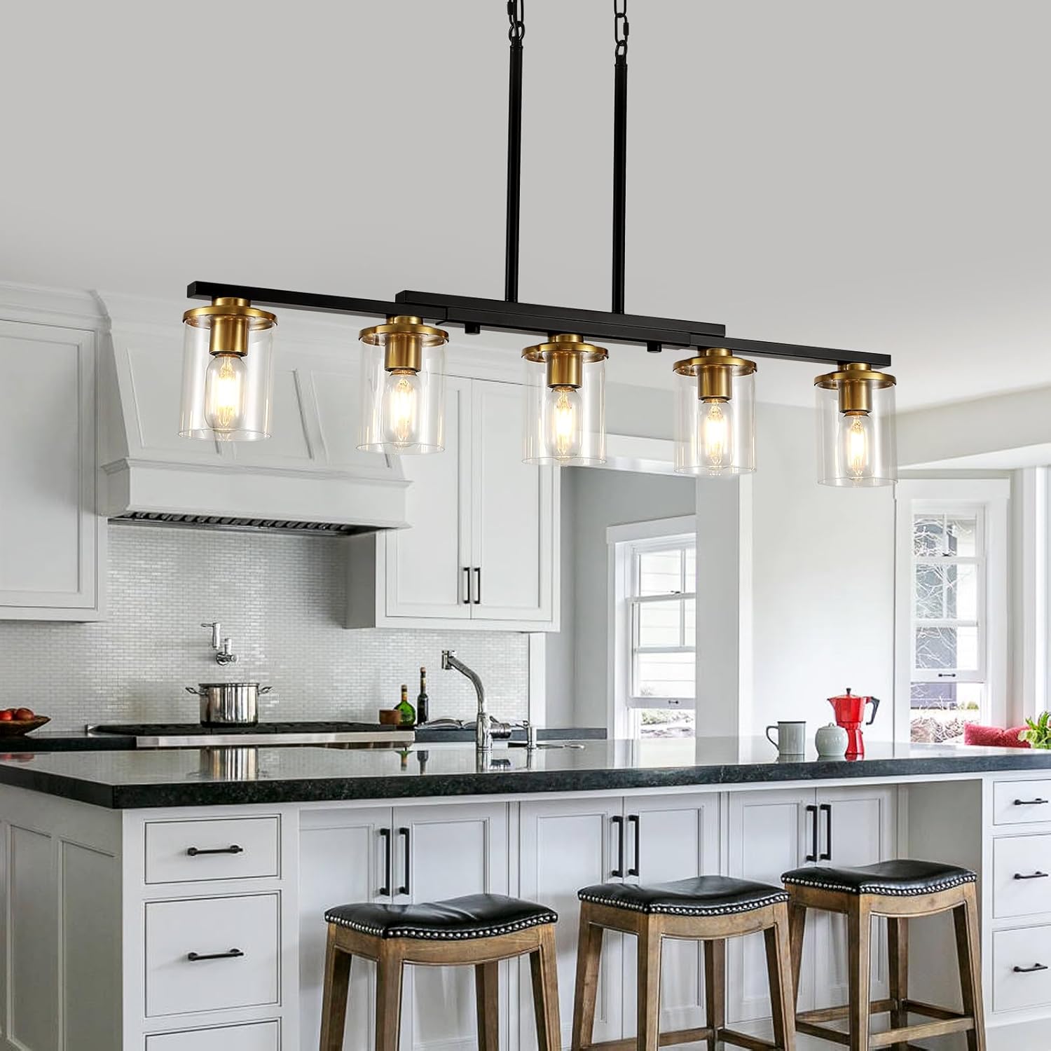 5-Light Kitchen Island Lighting,Dining Room Lights Modern Farmhouse Chandelier with Clear Glass Shade,Modern Rustic Black and Gold Metal Chandelier, Kitchen Pendant Light Fixtures Over Table