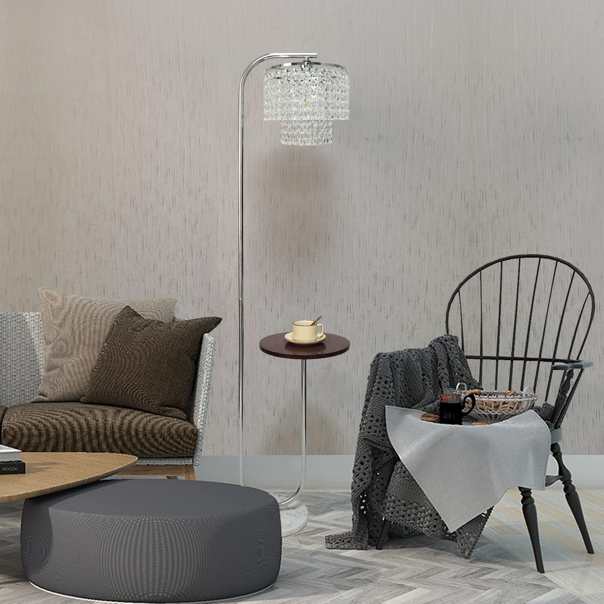 Arc Crystal Floor Lamp for Living Room - Marble Base Modern Tall Stand Up Light with Table,Contemporary Over The Couch Gold Lamp Standing Lamps for Bedroom Office Living Room