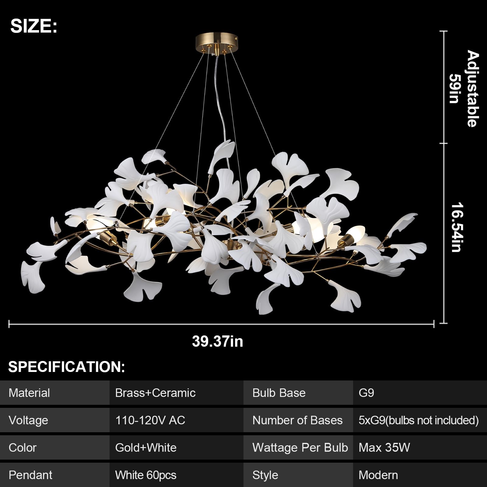 59 Inch White Rectangle Chandelier Ceramic Ginkgo Leaf Chandeliers Brass Large Chandeliers Modern Art Deco Chandelier for Dining Room Living Room,10-Light