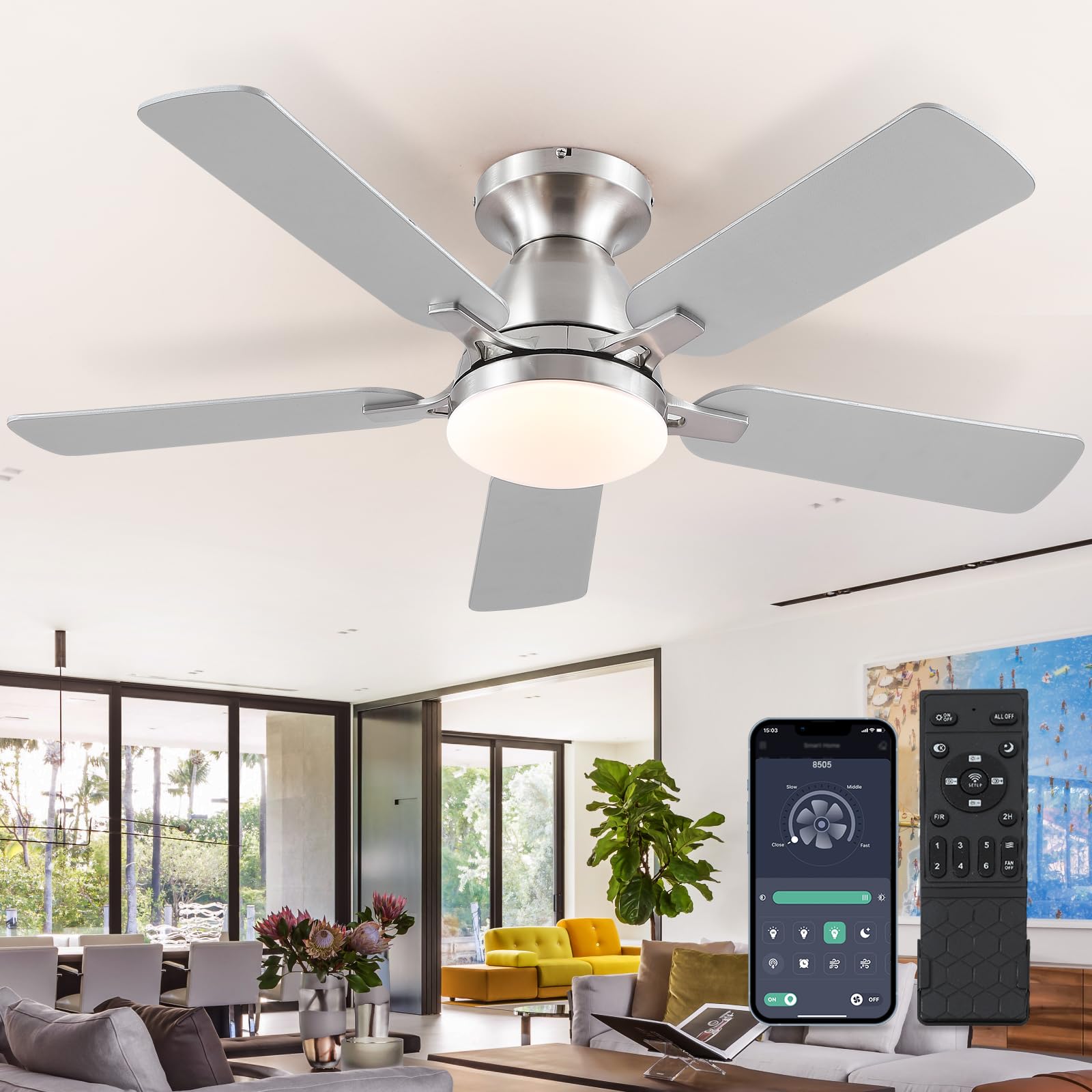 Ceiling Fans with Lights- 46"Low Profile Indoor Ceiling Fan with Light and Remote/APP Control, Flush Mount, LED Dimmable DC Reversible Modern Ceiling Fan for Bedroom（Black）