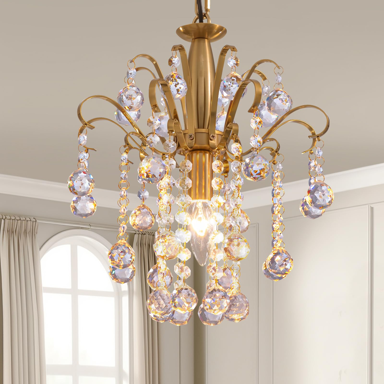 Hallway Crystal Chandelier, 1-Light Mini Gold Pendant Light Fixture for Closet Entryway Foyer Kitchen Island H 11.8" X W 13.38"-