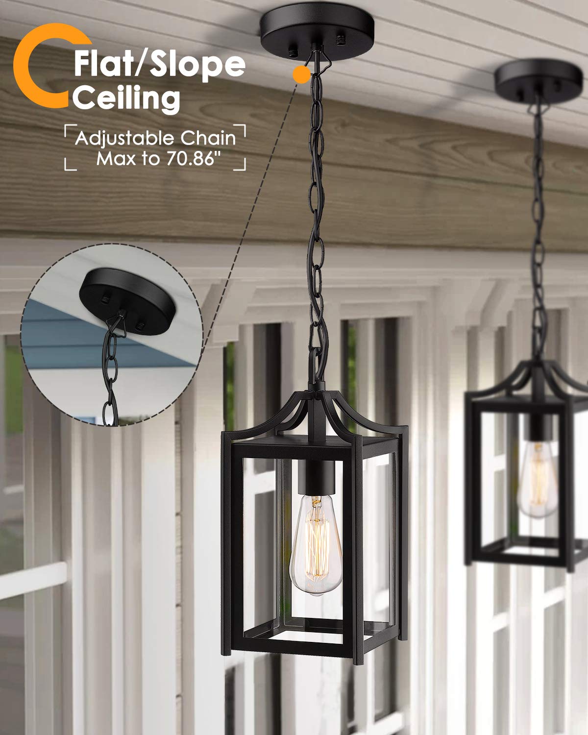 Outdoor Pendant Light, 14" Large Modern Outdoor Hanging Porch Light with Adjustable Chain, Exterior Outdoor Hanging Light in Black Finish and Clear Glass, 2439/1H