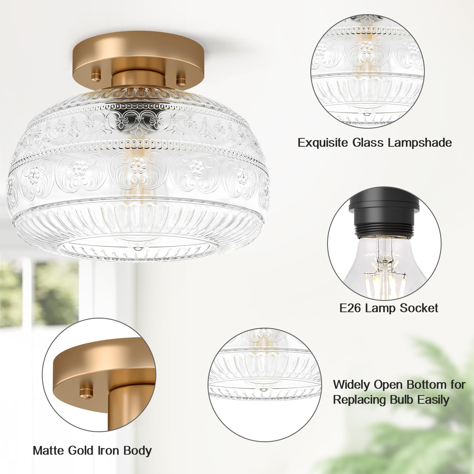 Semi Flush Mount Ceiling Light, Upgraded Modern Close to Ceiling Light Fixture with Clear Glass,Gold Indoor Kitchen Lighting for Porch Corridor Hallway Bedroom, Bulb Not Included