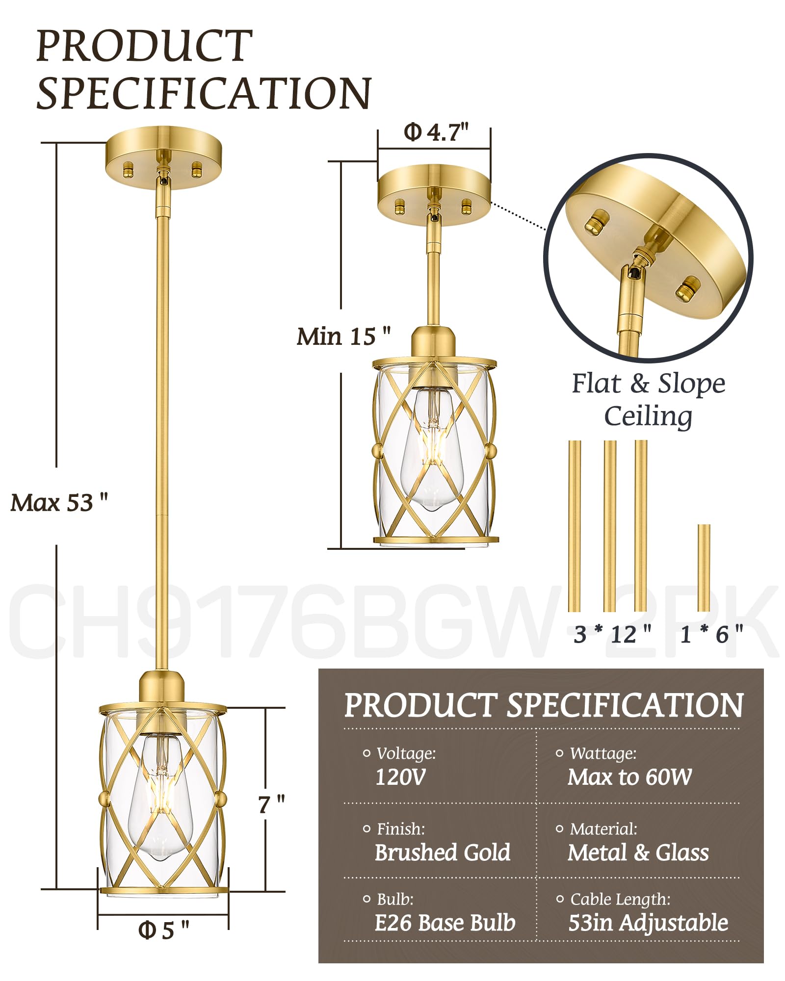 Brushed Gold Pendant Light Fixtures, 3-Light Modern Dining Room Cluster Pendant Light with Milky Glass, Mid Century Cage Hanging Pendant Lighting for Kitchen, Adjustable, CH9176BGW3