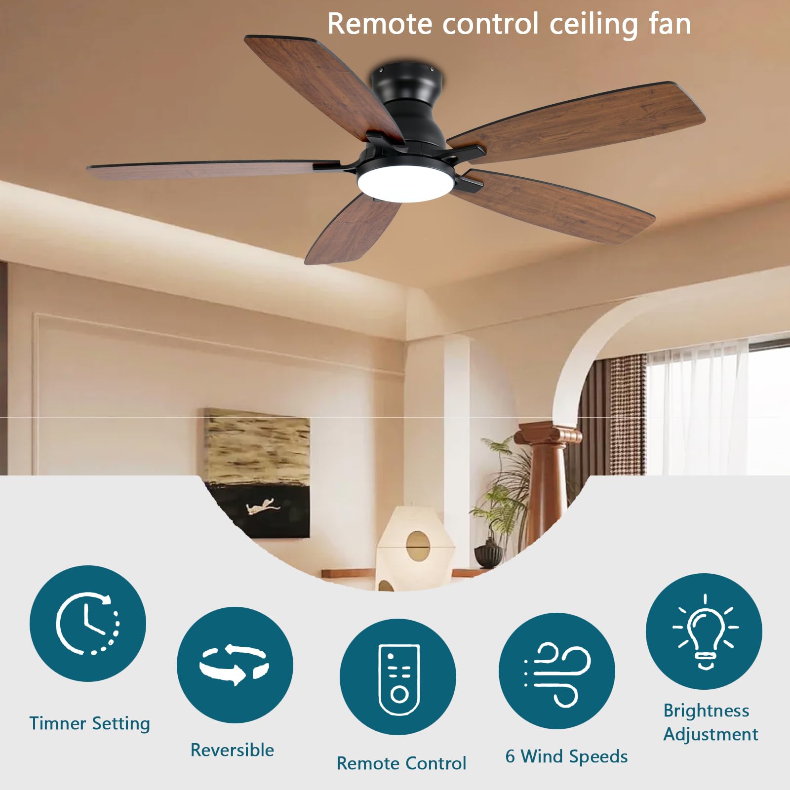 Ceiling Fans with Lights, 52 Inch Low Profile Ceiling Fan with Light and Remote Control, Flush Mount, DC Reversible Motor, Noiseless, Black 6 Speeds Ceiling Fan for Bedroom