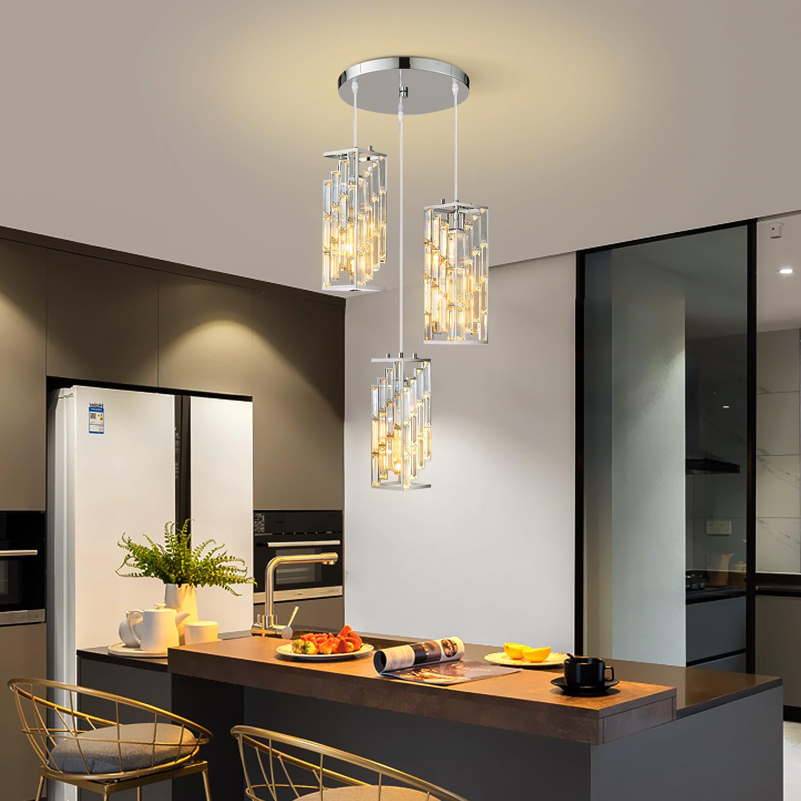 Gold Pendant Lighting Modern Pendant Light, Mini Crystal Chandeliers,Adjustable Pendant Light Fixture for Kitchen Island Dinning Room Bedroom (3 Pack)