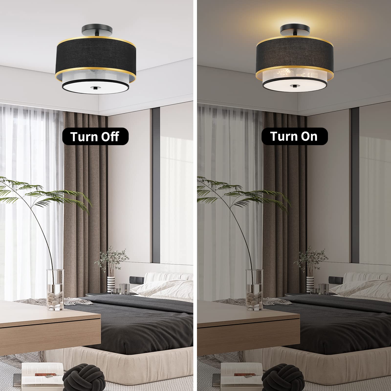 Modern Semi Flush Mount Ceiling Light - Easric Light Fixtures Ceiling Mount Hallway Light Fixtures Ceiling with Black 2-Layer Fabric Shade Drum Ceiling Lights for Bedroom,Dining Room,Kitchen,Foyer