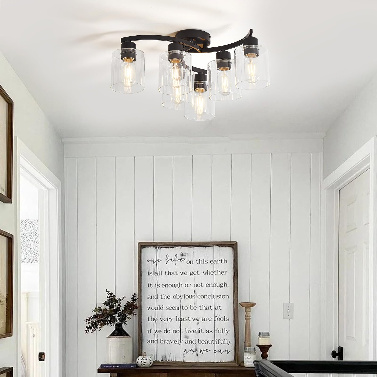 Semi Flush Mount Ceiling Light, 3-Light Close to Ceiling Light Fixtures, Black Kitchen Light Fixtures with Clear Glass Shades, Hallway Light Fixtures Ceiling Mount for Foyer Entryway