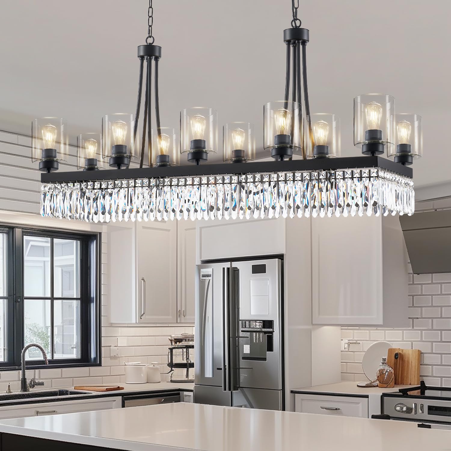 Rectangle Black Modern Chandeliers for Dining Rooms - L47 Inches Luxury Crystal Chandelier Lighting, Glass Shade Pendant Ceiling Light Fixtures for Kitchen Island, Bar