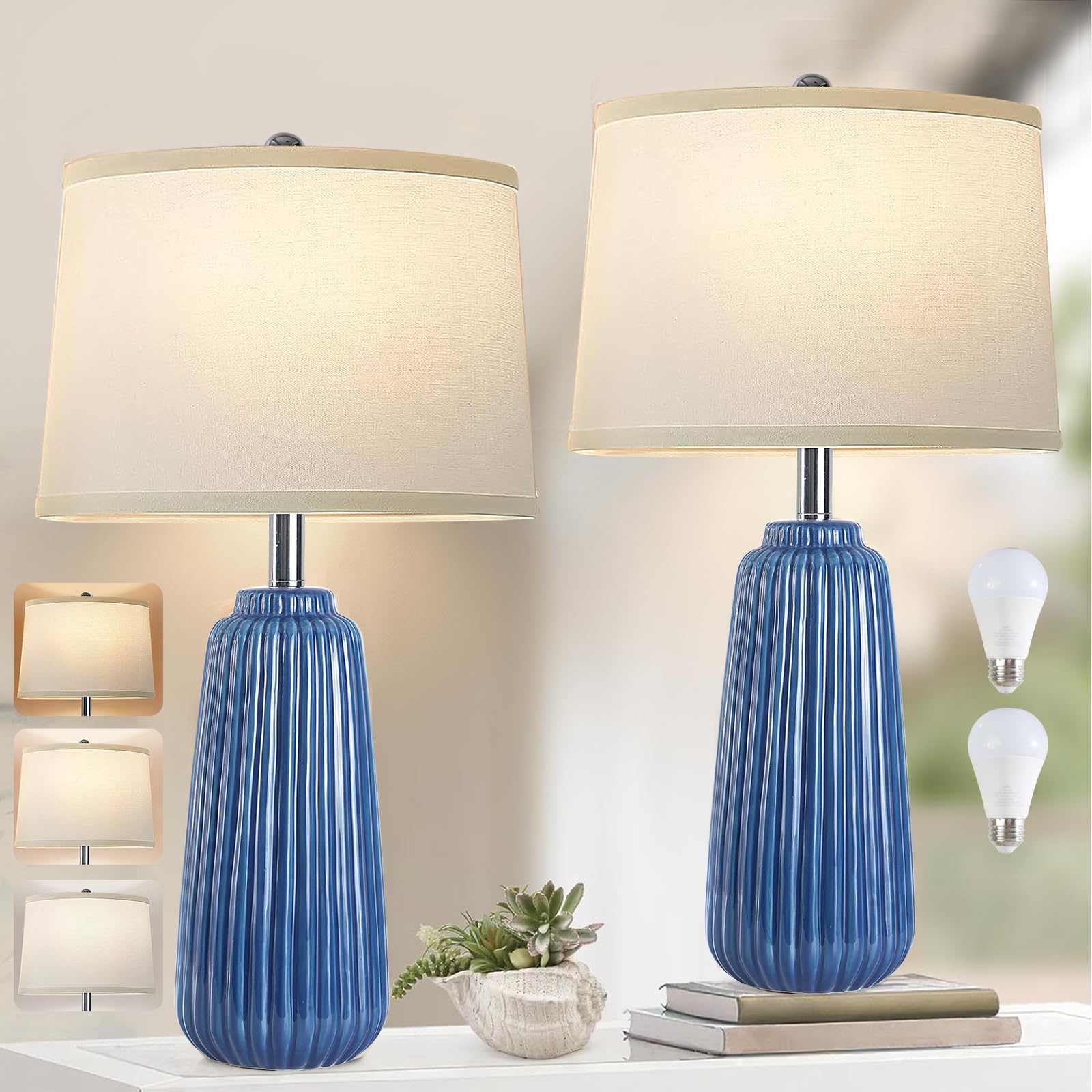 Ceramic Table Lamps Set of 2, 25Inch Modern White Table Lamps for Bedroom Living Room with 3 Color Temperature - 3000K/4000K/6000K, Coastal Lamps for Nightstand Bedside with 2 LED Bulbs, 9W