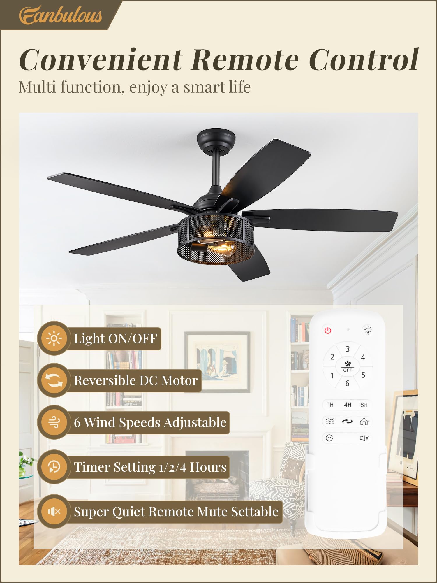 Farmhouse Ceiling Fans with Lights and Remote, 52 Inch Black Industrial Caged Ceiling Fans for Bedroom Living Room Kitchen, 6 Speed Reversible Quiet DC Motor, Dual Finish 5 Blades