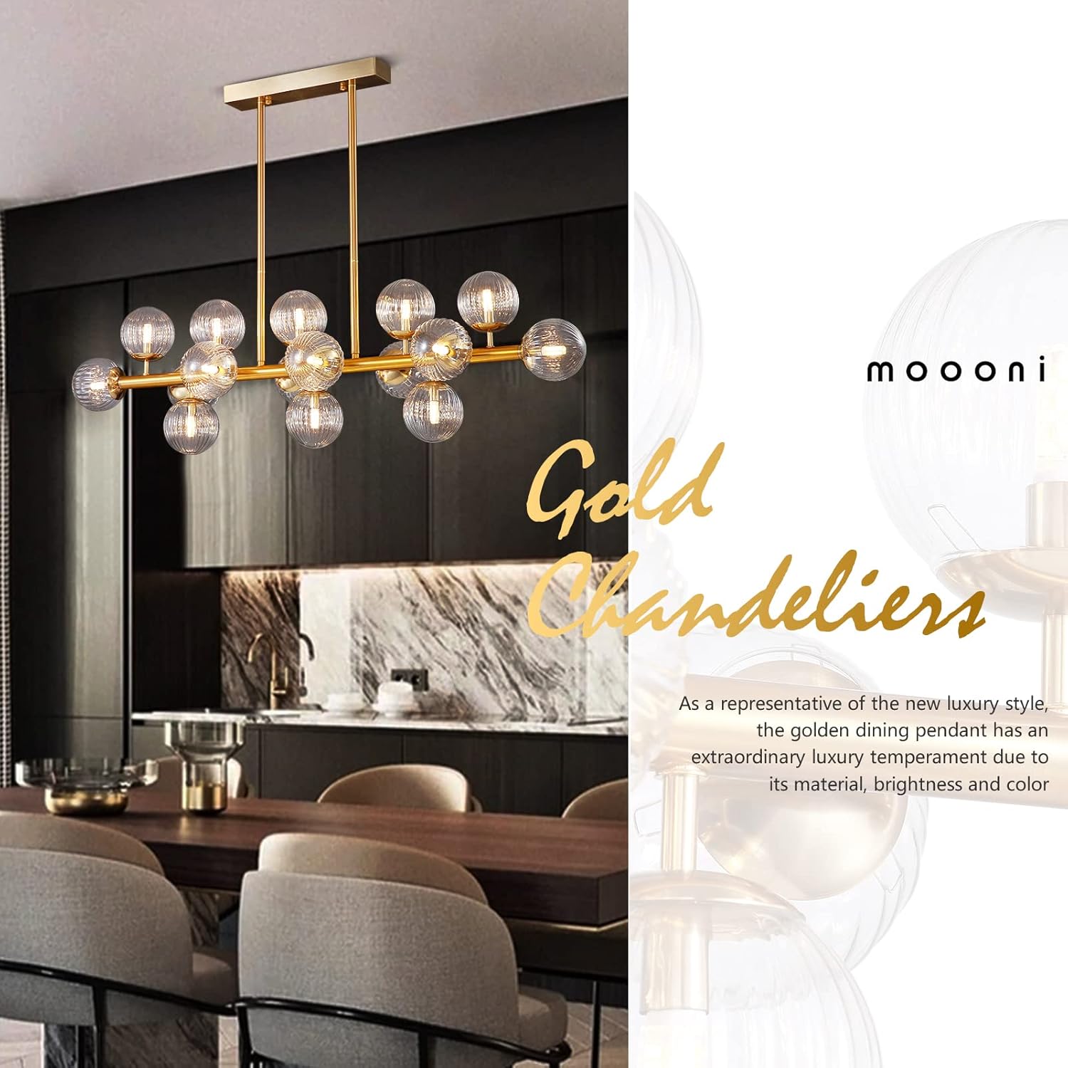 Moooni 16 Lights Modern Rectangle Chandelier Gold Pendant Ceiling Light Fixture Clear Glass Shades Gold Chandeliers for Dining Room Kitchen Island