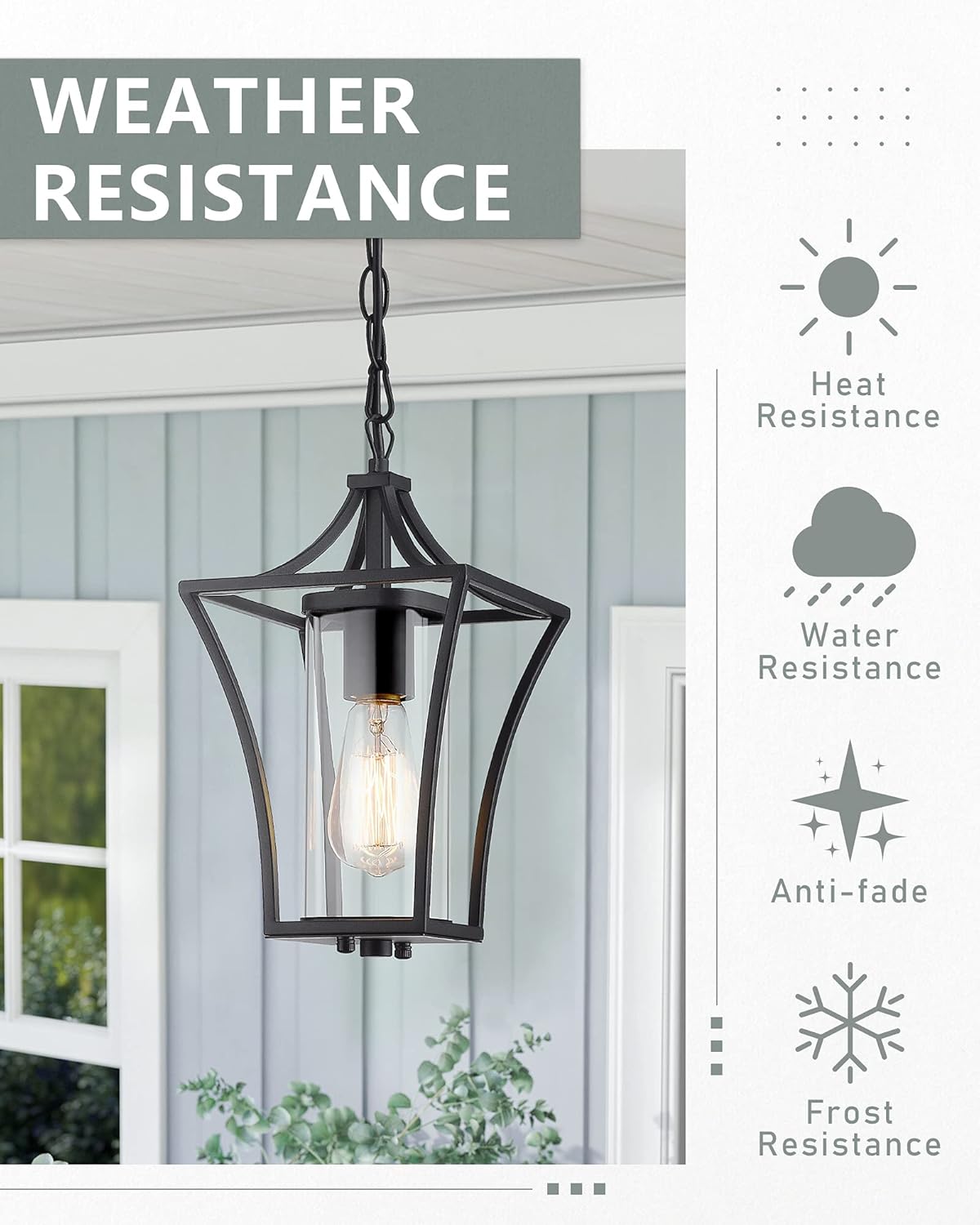 Outdoor Pendant Lights for Porch,Exterior Hanging Light Fixtures,Outdoor Lantern Pendant Light in Textured Black Finish w/Clear Glass Panel - 2451-1H