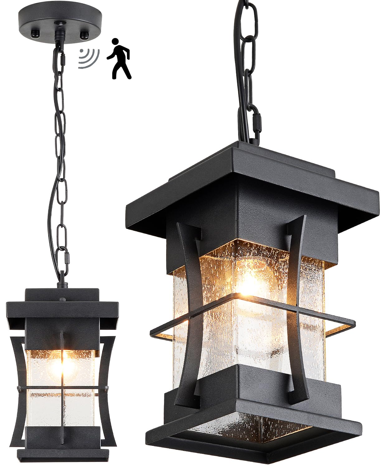 Outdoor Pendant Light Fixture with Dusk to Dawn Sensor Exterior Hanging Lantern with Adjustable Chain Black with Seeded Glass Outside Lights for House Patio Front Porch Lighting