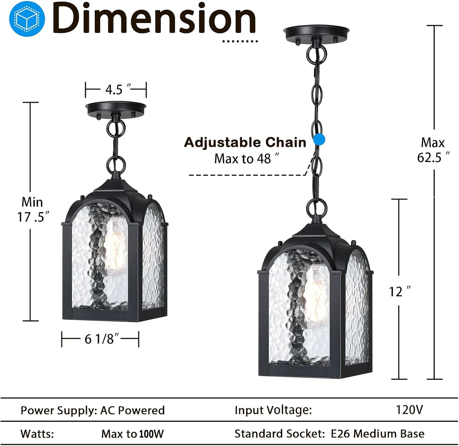 Outdoor Pendant Lights,Waterproof Modern Farmhouse Exterior Hanging Porch Light with Adjustable Chain in Black Finish for Front Door Patio Entryway Balcony