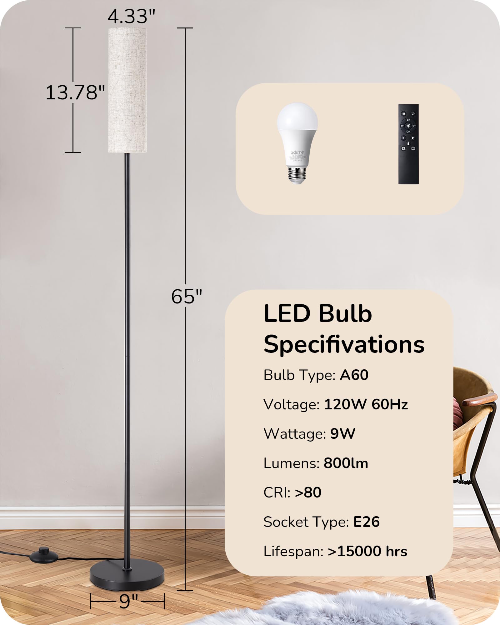 EDISHINE Modern Corner Floor Lamp with Remote, Stepless Dimmable Minimalist Reading Lamp, 65" Tall Pole Lamp for Living Room, Bedroom, Office, 9W LED Bulb Included (Gold)