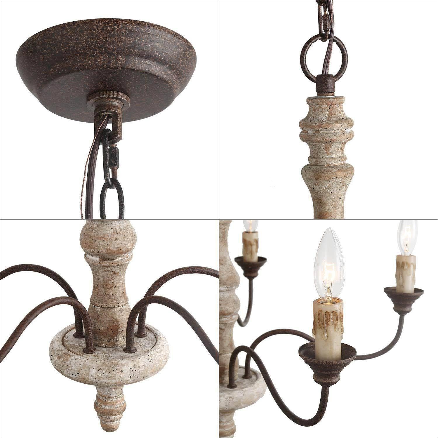 Farmhouse Chandelier, 6-Light Wood French Country Chandelier, Rustic Wooden Chandeliers Light Fixture for Dining Room, Living Room, Bedrooms, Foyer, Stairway, Distressed Wood and Rust Colored