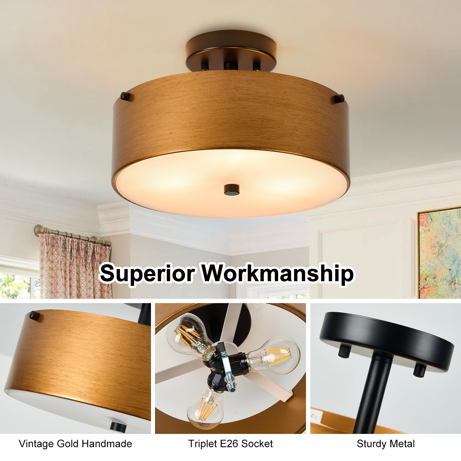 12"Semi Flush Mount Ceiling Light Fixture,3-Light Small Brass Chandelier Drum Lighting with Age Gold Metal Shade,Modern Close to Ceiling Lamps for Bedroom, Dining Room, Kitchen, Hallway, Entry, Foyer