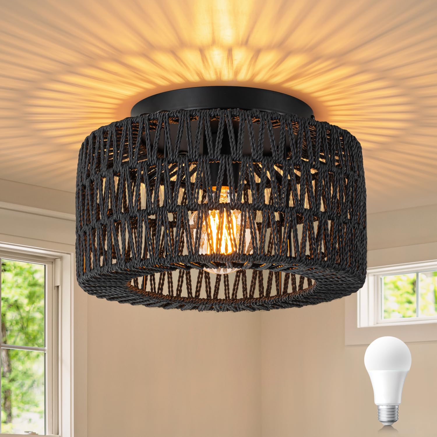 Rattan Ceiling Light Fixtures (12-Inch, LED Bulb Included), Hand-Woven Boho Flush Mount Ceiling Light, Rattan Chandelier for Hallway Kitchen Farmhouse Foyer Entryway Living Room(White)