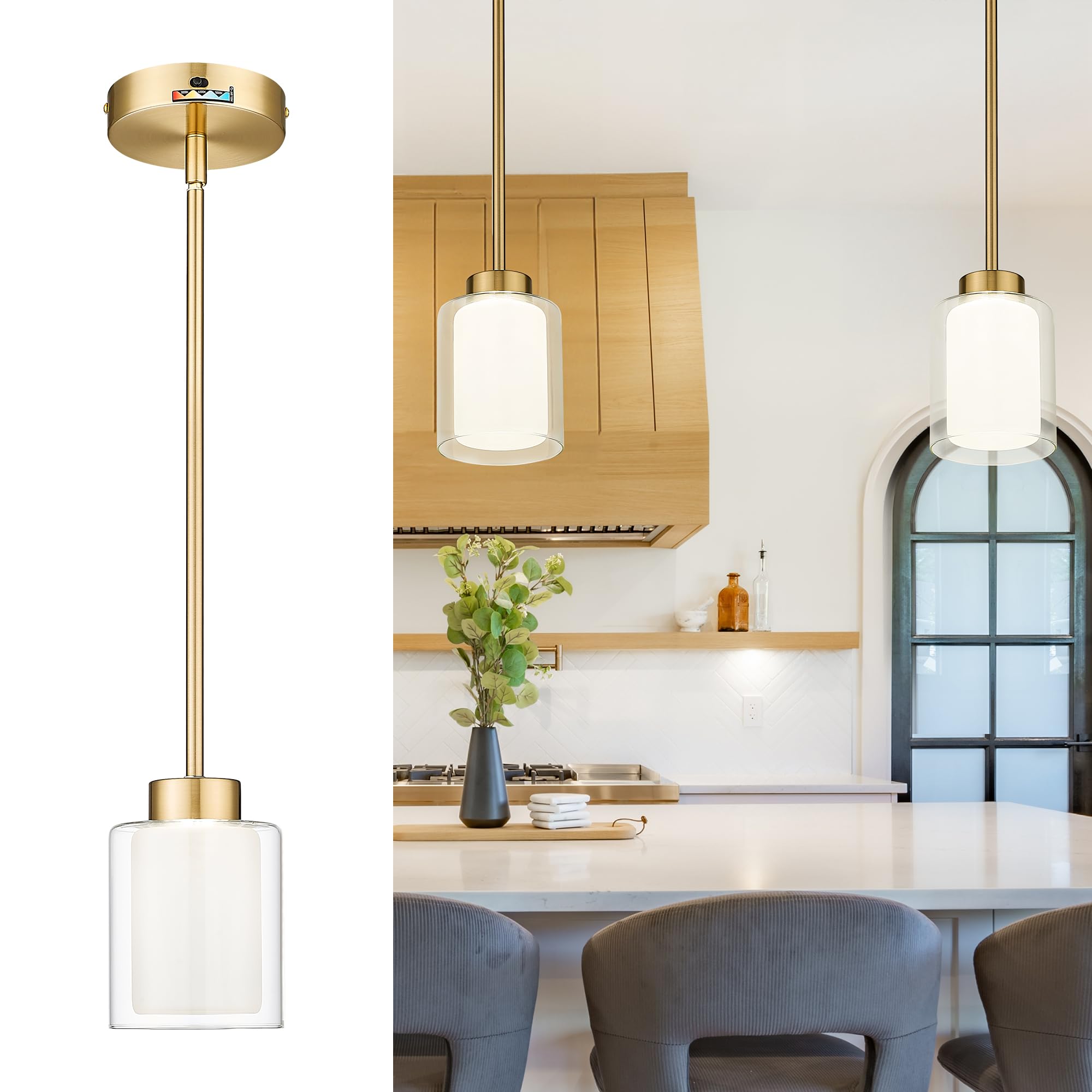 kudos Pendant Light Fixtures,Gold Pendant Light,Modern Led Pendant Light with Clear Glass and Milk Glass,Hanging Pendant Light for Kitchen Island,Dining Room,3000K/4000K/5000K Adjustable,KDPL06-GD