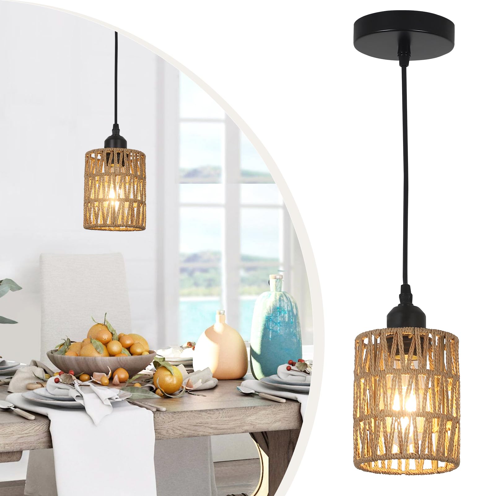 Rattan Pendant Lights, Boho Farmhouse Pendant Lighting with Hand Woven Natural Rattan Shade, Small Wicker Light Fixtures Ceiling Hanging for Dining Room Kitchen Bedroom Foyer Hallway