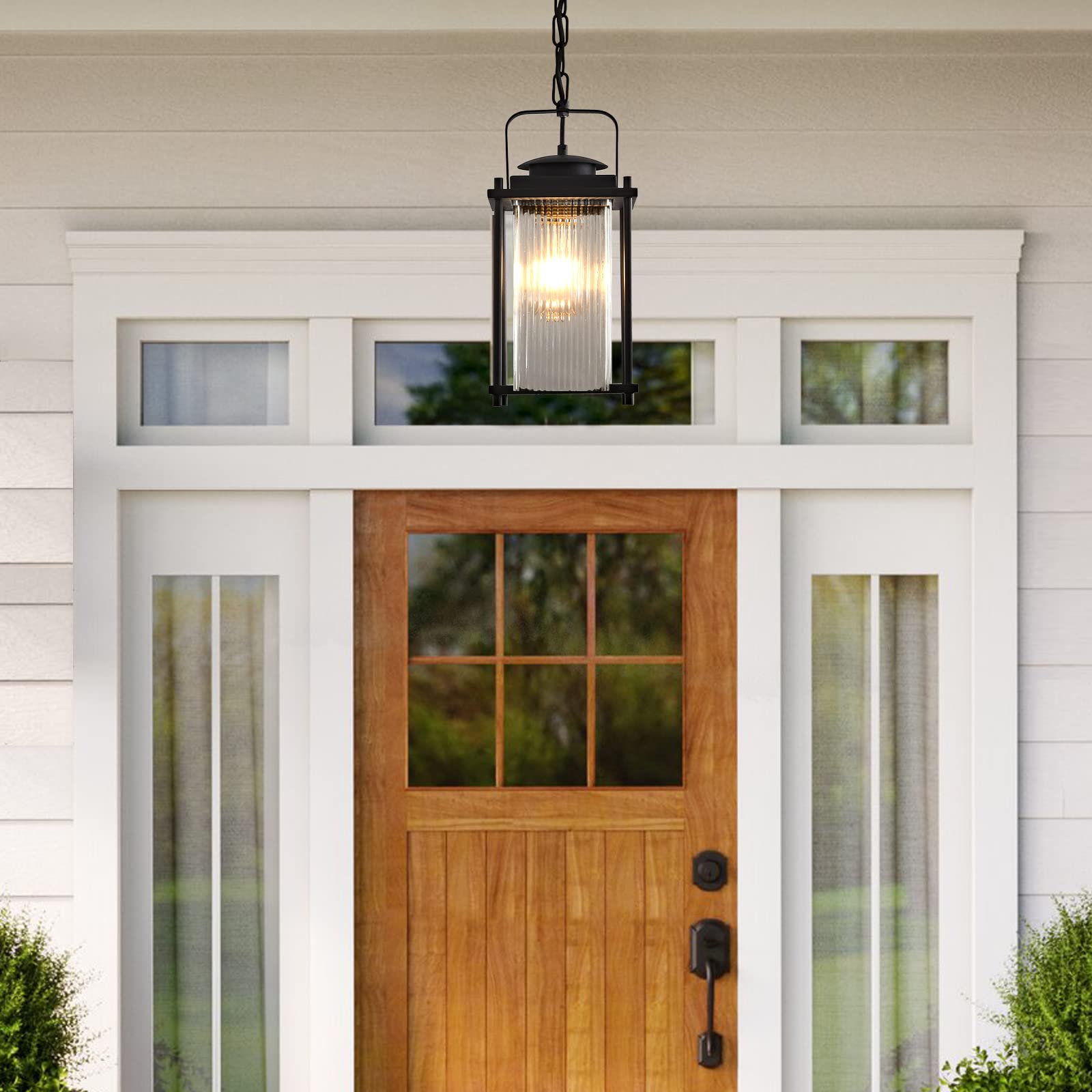 Outdoor Hanging Porch Light Waterproof Black and Gold Outdoor Pendant Lights Outdoor Chandelier with Striped Glass for Porch Entryway and Front Door.