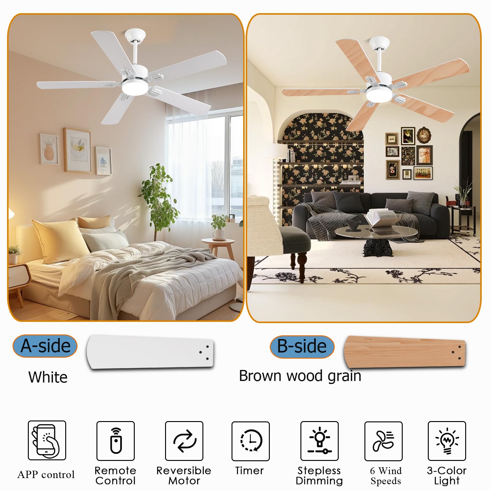 52 inch Modern White Ceiling Fans with Lights APP/Remote Control, Low Profile Reversible 6 Speeds Ceiling Fan Light for Indoor/Outdoor Patio Bedroom Living Room