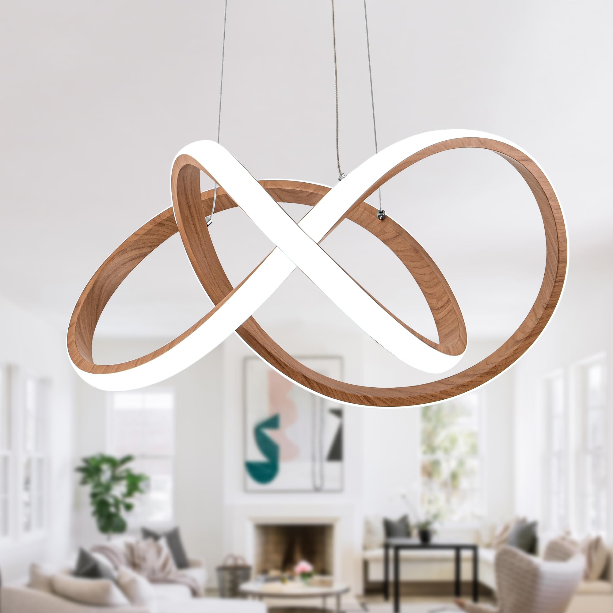 Modern LED Chandelier, LED Pendant Light in Wood Finish, Adjustable Height Chandeliers with Irregular Ring, Modern Chandeliers for Dining Room Kitchen Island Living Room Bedroom, 6000K Daylight