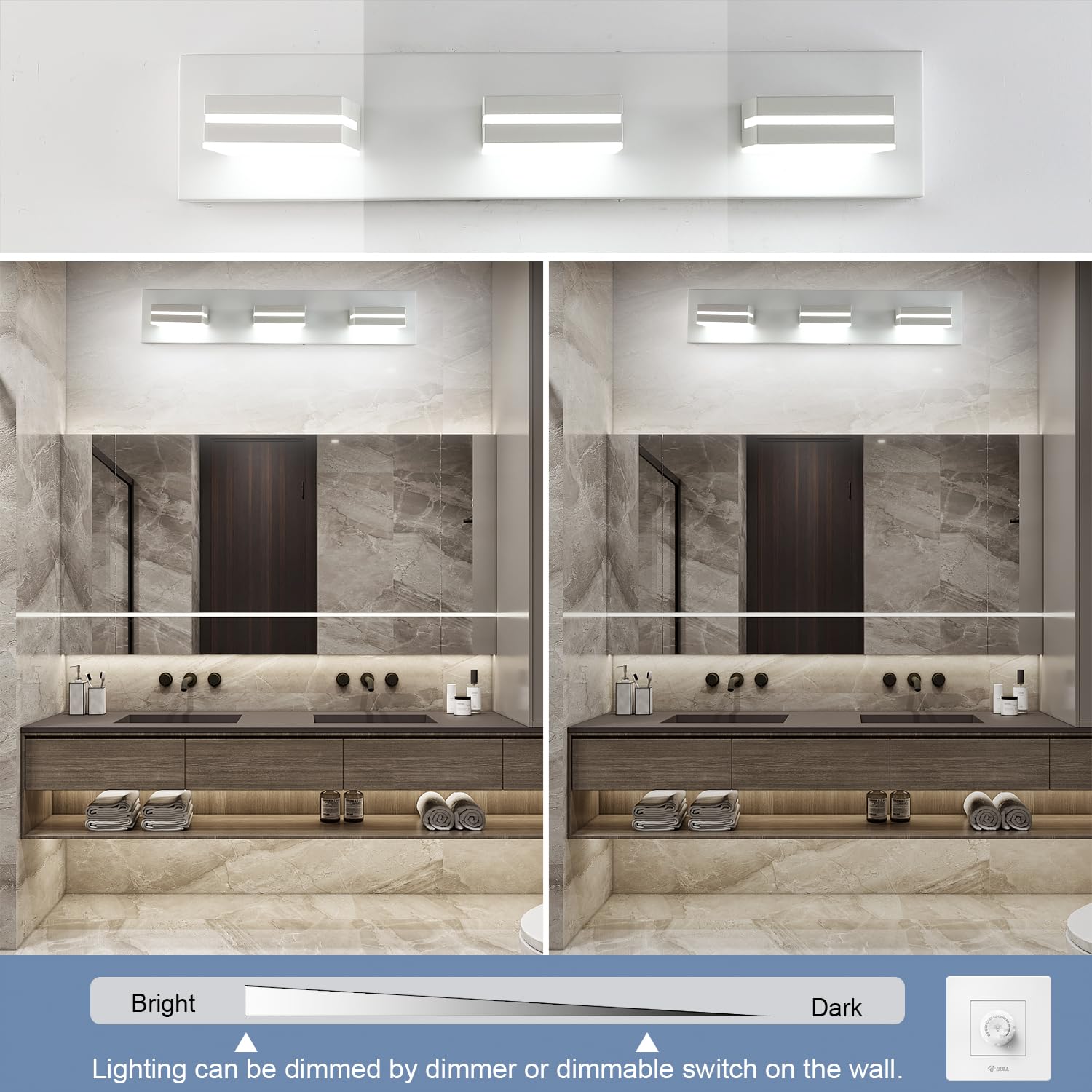 LED Modern Bathroom Vanity Light Fixtures (3-Light, 24-Inch), Matte Black Modern Acrylic Bathroom Wall Lighting Fixtures Over Mirror (Cool White 6000K)